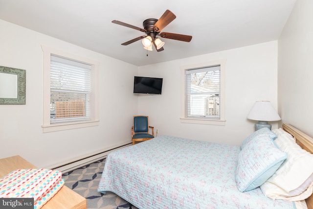 bedroom with a baseboard heating unit and ceiling fan