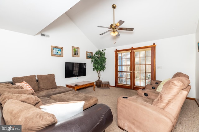 living area featuring visible vents, high vaulted ceiling, carpet floors, baseboards, and ceiling fan