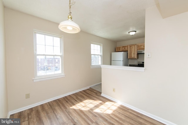 unfurnished dining area featuring baseboards, light wood finished floors, and a textured ceiling