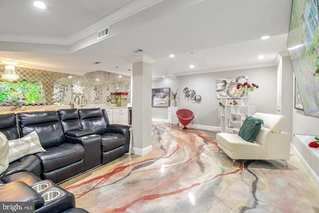 living room featuring recessed lighting, visible vents, ornate columns, and ornamental molding