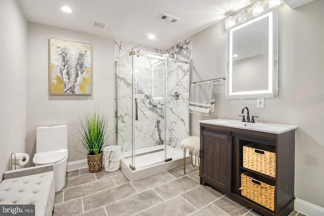 bathroom with a marble finish shower, visible vents, recessed lighting, and vanity