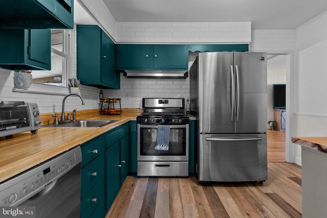 kitchen featuring green cabinets, under cabinet range hood, light wood-type flooring, appliances with stainless steel finishes, and a sink