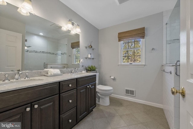 full bath with a sink, visible vents, baseboards, and a shower stall