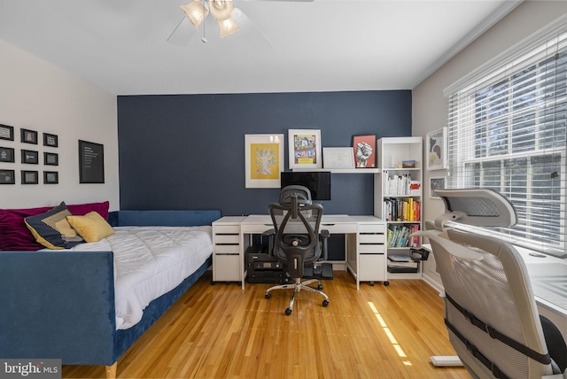 bedroom with a ceiling fan and wood finished floors