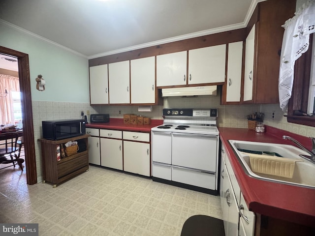 kitchen with black microwave, under cabinet range hood, light floors, white range with electric stovetop, and a sink