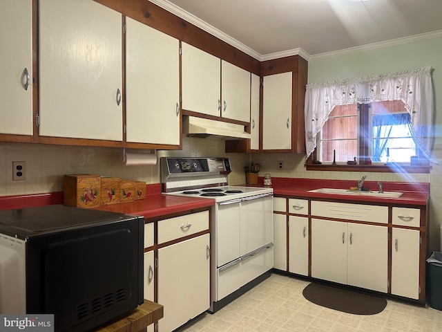 kitchen featuring black microwave, under cabinet range hood, light floors, electric stove, and a sink