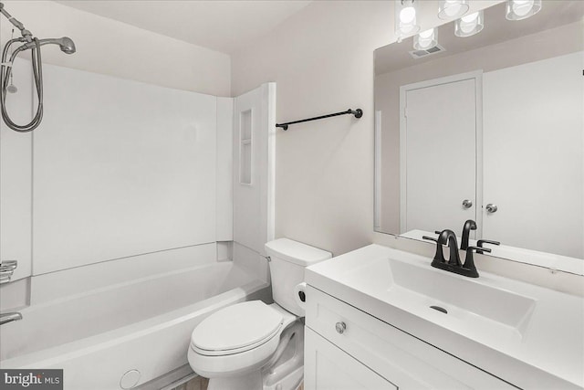 full bath featuring vanity, toilet, bathtub / shower combination, and visible vents