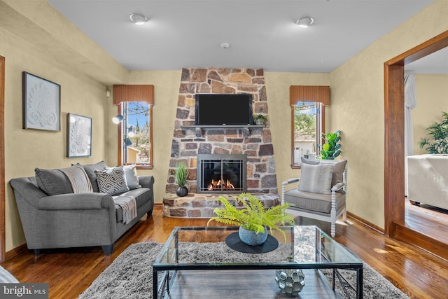 living area with wood finished floors, a fireplace, and baseboards