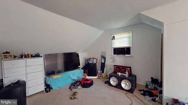 interior space with carpet flooring and lofted ceiling