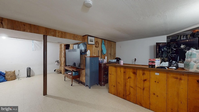 finished basement with light floors, wood walls, and a textured ceiling