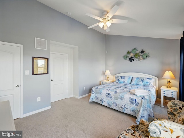 carpeted bedroom featuring visible vents, ceiling fan, baseboards, and lofted ceiling