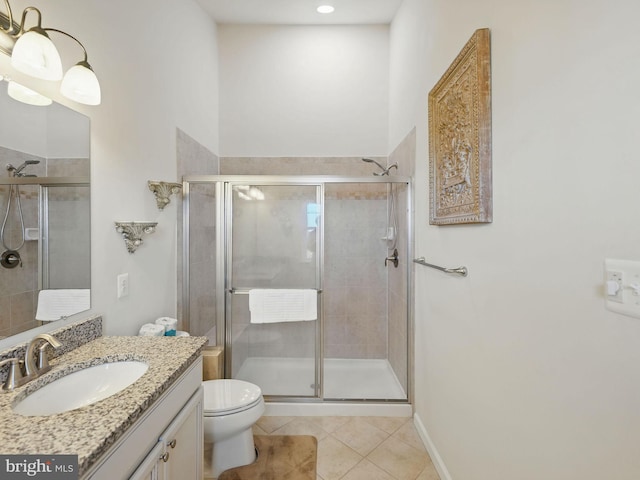 bathroom with vanity, tile patterned floors, toilet, and a shower stall