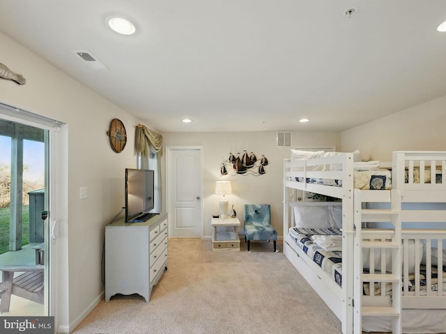 bedroom featuring light carpet, visible vents, recessed lighting, and baseboards