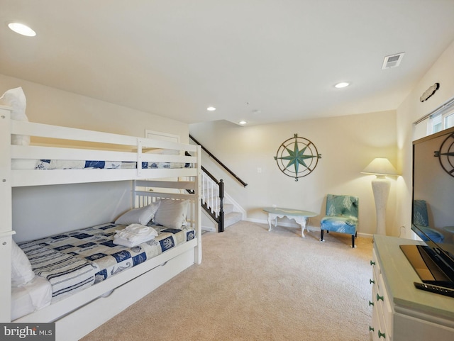 bedroom featuring recessed lighting, visible vents, baseboards, and carpet flooring