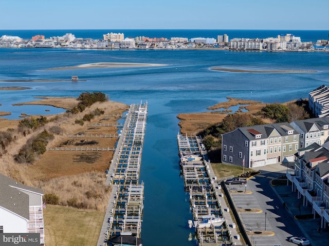 drone / aerial view with a water view