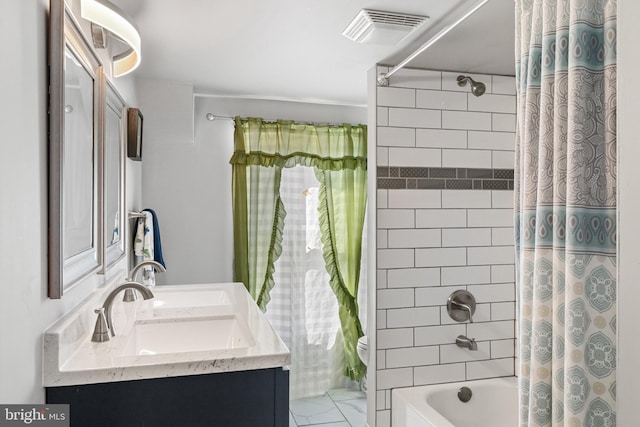bathroom with visible vents, double vanity, shower / bath combination with curtain, toilet, and marble finish floor