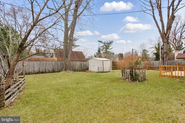 view of yard featuring a fenced backyard, a storage shed, and an outdoor structure