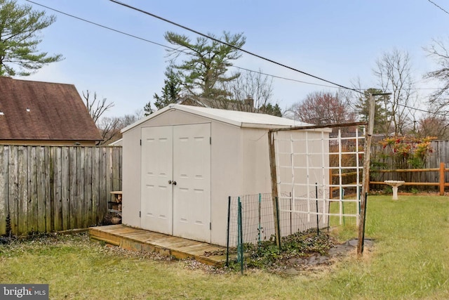 view of shed with a fenced backyard