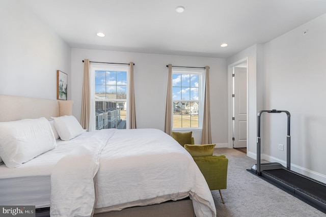 bedroom with recessed lighting, carpet, and baseboards