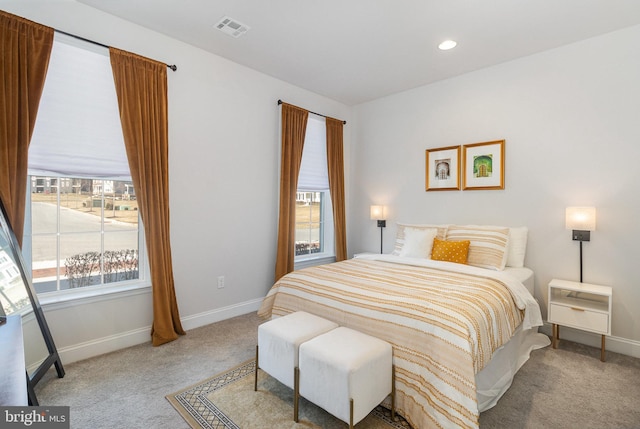 bedroom with visible vents, recessed lighting, baseboards, and carpet floors