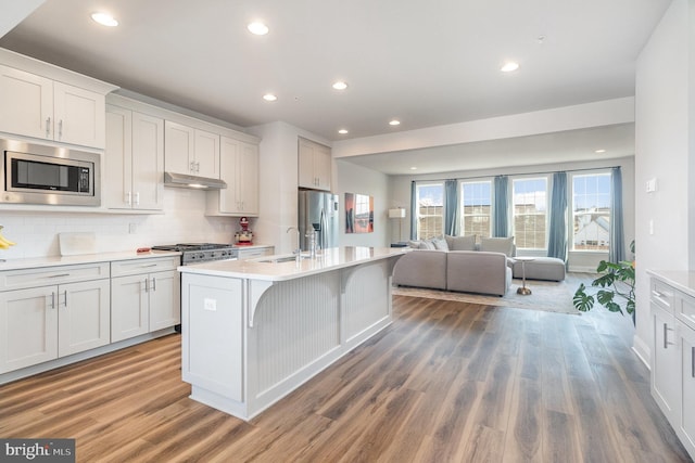 kitchen featuring under cabinet range hood, light countertops, open floor plan, and appliances with stainless steel finishes