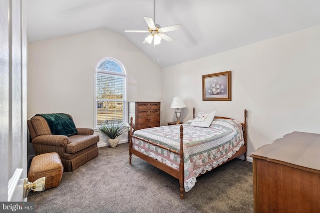 bedroom with vaulted ceiling, a ceiling fan, and carpet floors