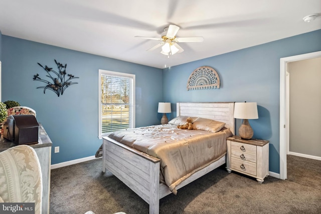 carpeted bedroom with a ceiling fan and baseboards