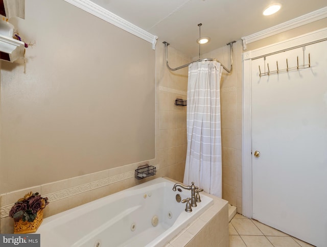 full bath with tile patterned floors and ornamental molding