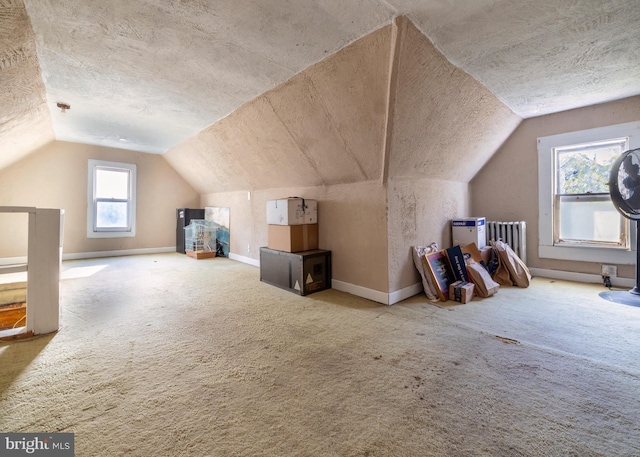 bonus room with baseboards, a textured ceiling, carpet flooring, and vaulted ceiling