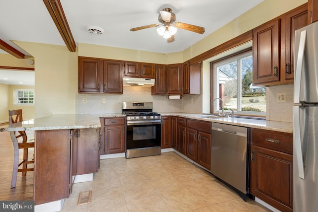 kitchen with visible vents, under cabinet range hood, a sink, backsplash, and stainless steel appliances