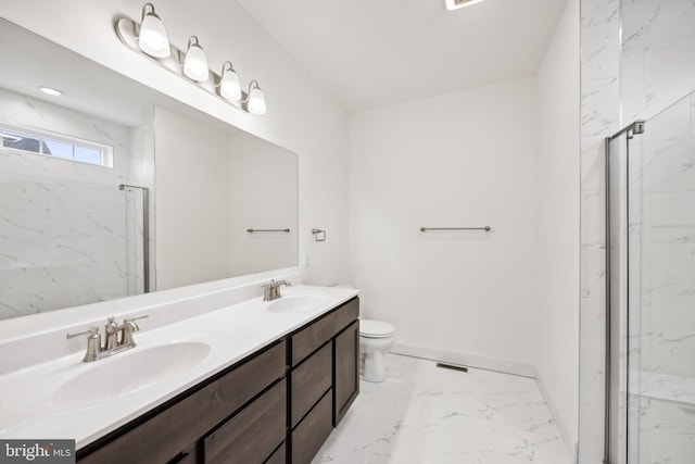 full bath with marble finish floor, toilet, baseboards, and a sink