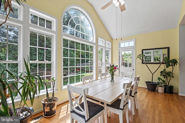 sunroom with visible vents, a ceiling fan, and vaulted ceiling