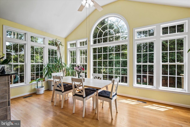 sunroom with visible vents, a ceiling fan, and vaulted ceiling