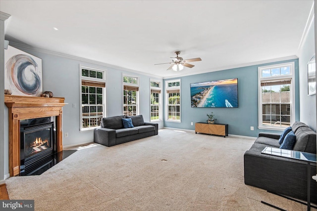 living room with baseboards, carpet floors, a fireplace with flush hearth, ceiling fan, and crown molding