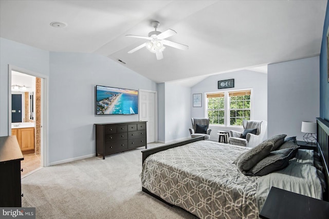 carpeted bedroom with visible vents, baseboards, lofted ceiling, and a ceiling fan