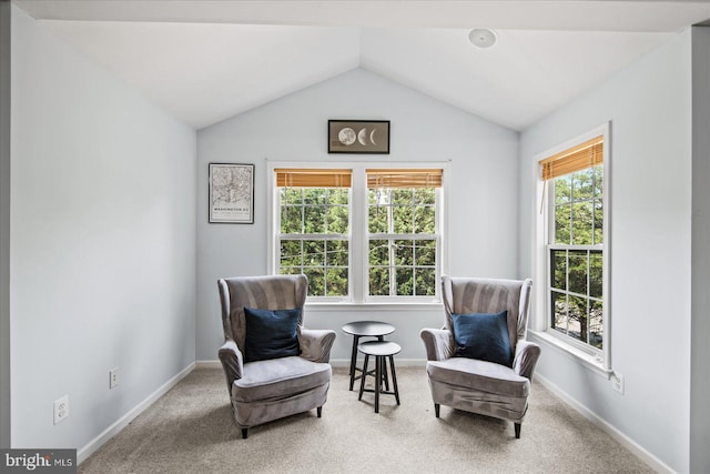 living area featuring baseboards, carpet, and vaulted ceiling