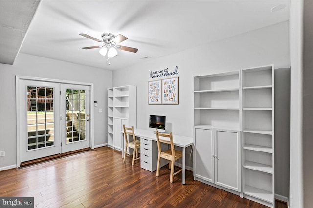 office with visible vents, baseboards, ceiling fan, and wood finished floors