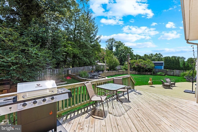 wooden deck featuring a lawn and a fenced backyard