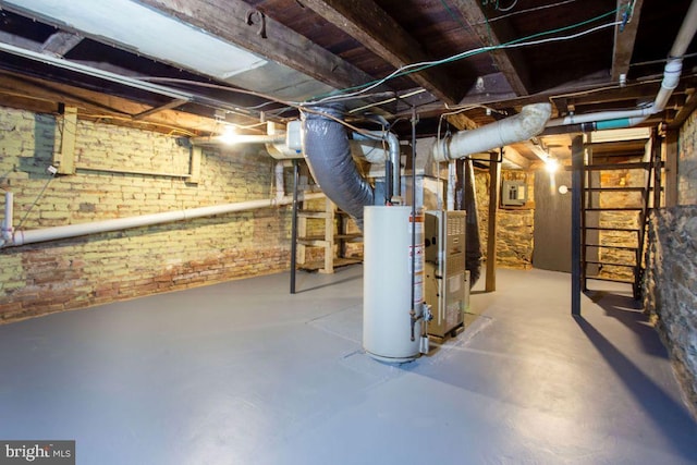 unfinished basement with water heater and brick wall