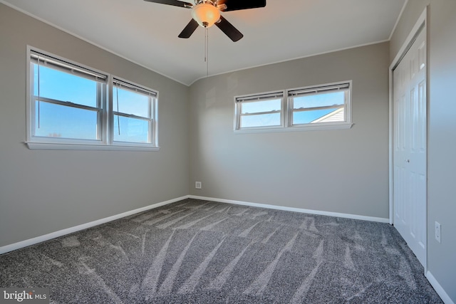 unfurnished bedroom featuring multiple windows, carpet, and a closet