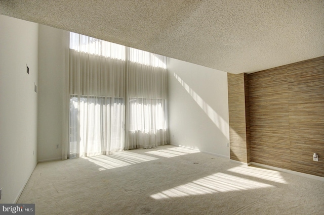 empty room with a towering ceiling, carpet, wood walls, and a textured ceiling