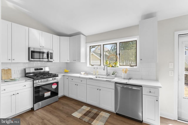 kitchen with lofted ceiling, wood finished floors, appliances with stainless steel finishes, and a sink