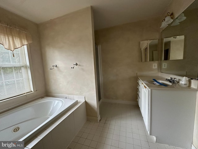 full bath with vanity, baseboards, a stall shower, tile patterned flooring, and a bath