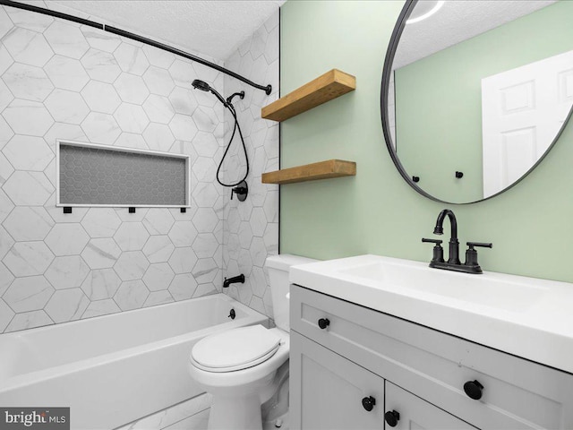 full bathroom with shower / bathtub combination, a textured ceiling, vanity, and toilet