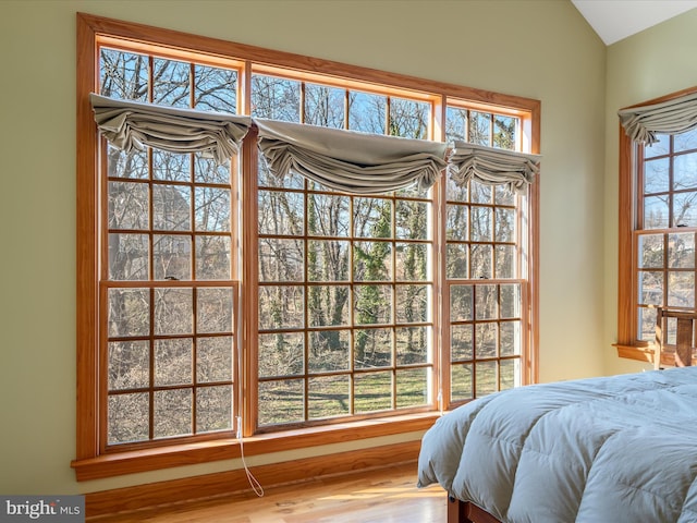 bedroom with wood finished floors and vaulted ceiling