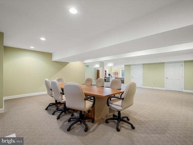 carpeted home office with recessed lighting and baseboards