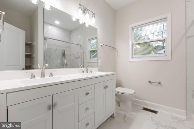 full bathroom featuring baseboards, visible vents, a marble finish shower, a sink, and marble finish floor