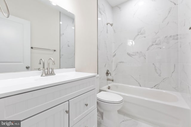 full bathroom with vanity, toilet, marble finish floor, and shower / bathtub combination