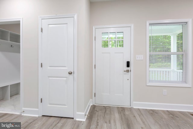 foyer entrance featuring baseboards and wood finished floors