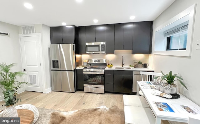 kitchen featuring visible vents, appliances with stainless steel finishes, dark cabinetry, and a sink